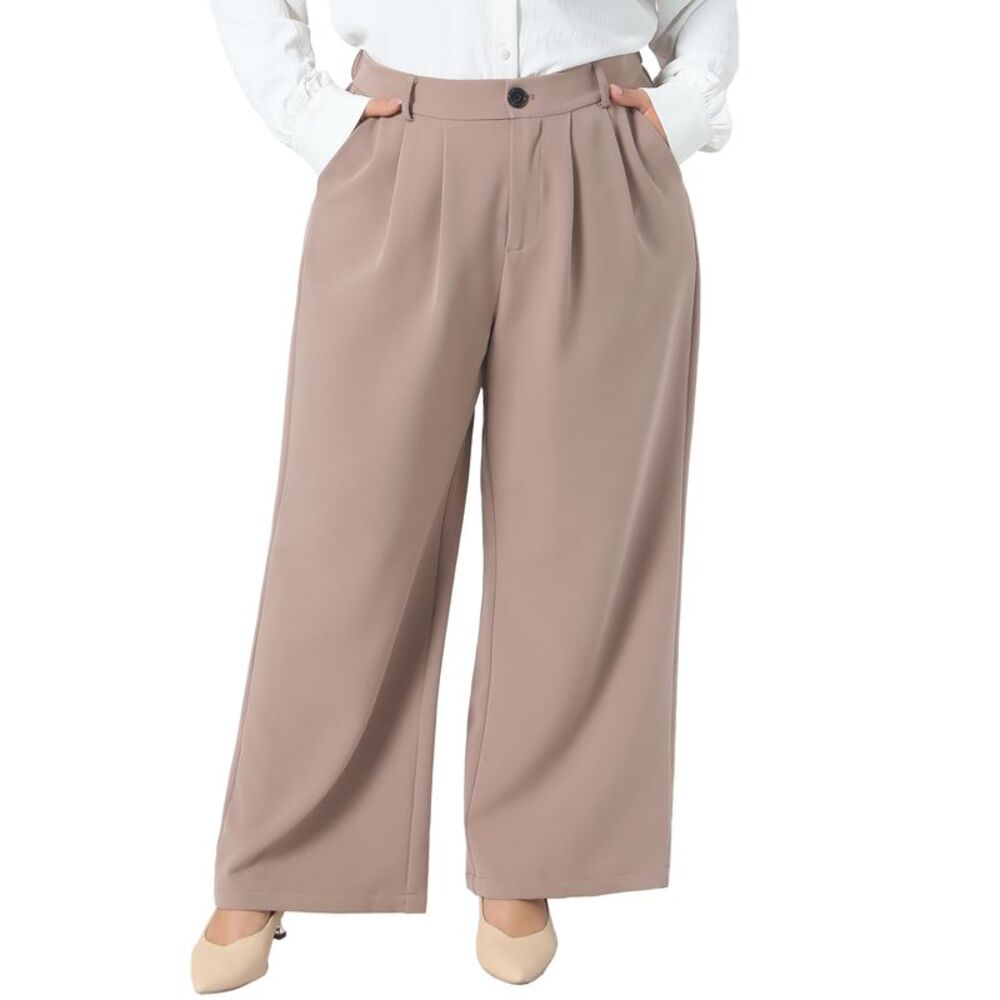 Women Plus Size High Waist Straight Leg Pockets Business Pants Light Coffee